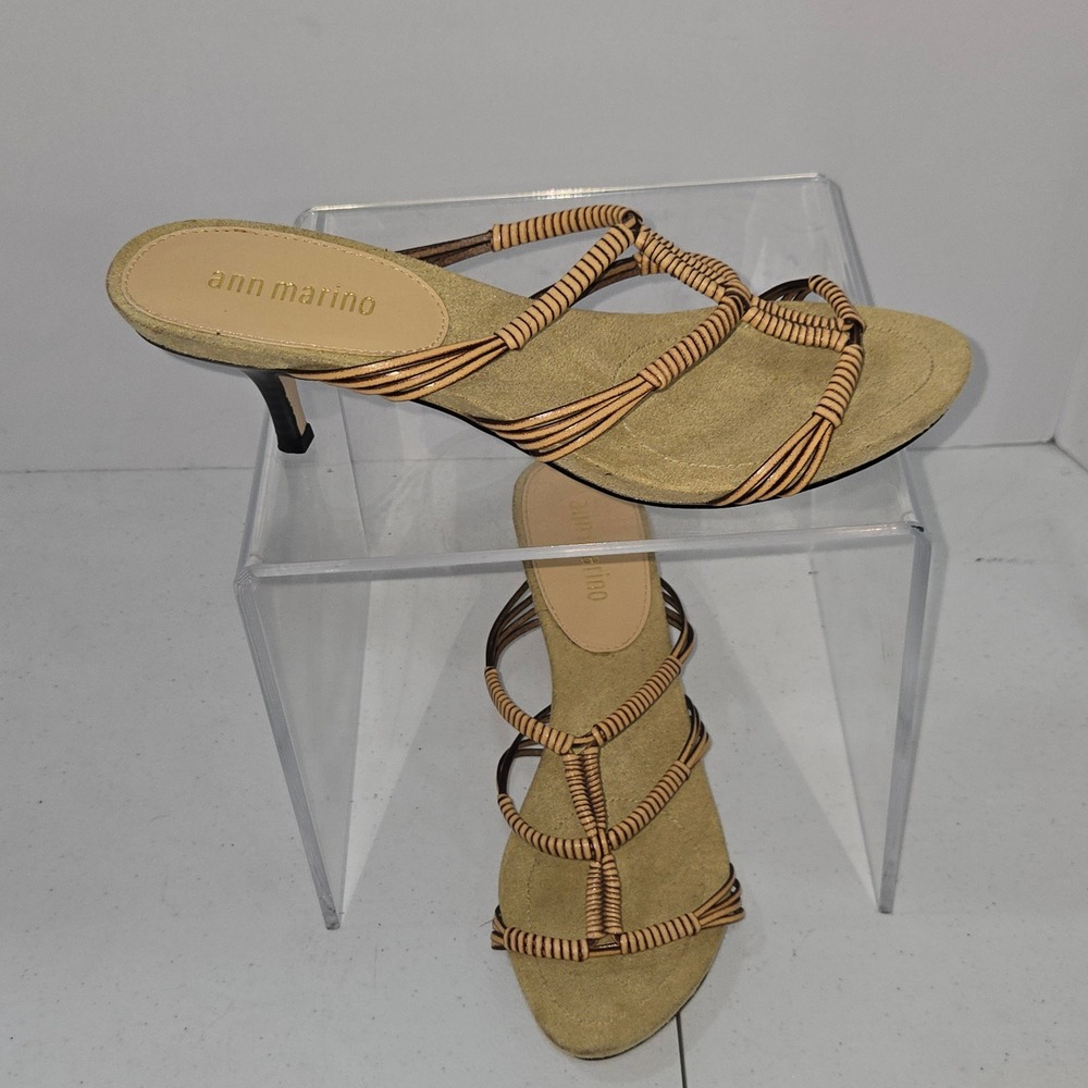 Ann Marino C139 Womens 10M Tan Leather Strappy Kitten Heel Sandals Dress Shoes